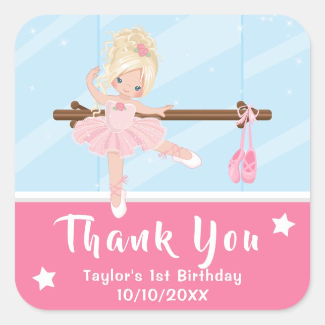 Blonde Hair Ballerina Pink Birthday Thank You Squa Square Sticker (Front)