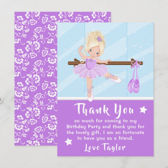Blonde Hair Ballerina Purple Birthday Thank You Ca (Front/Back)