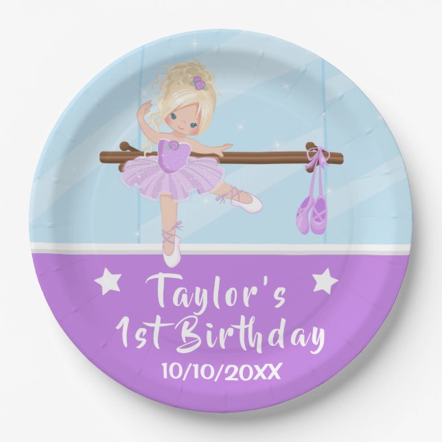 Blonde Hair Ballerina Purple Tutu Birthday Paper P Paper Plate (Front)