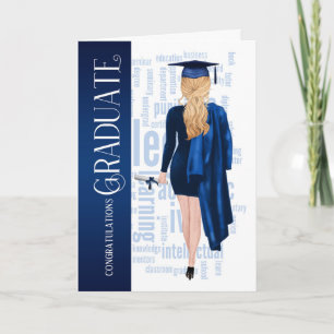Blonde Hair Blue Cap and Gown Female Graduate Card