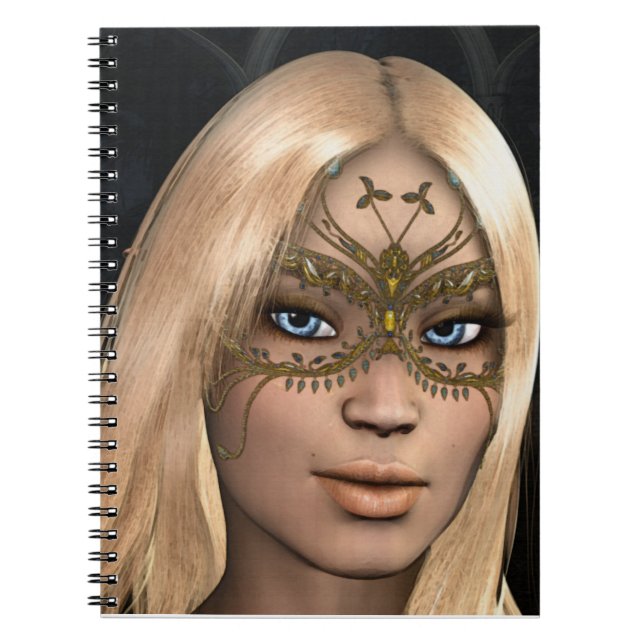 Blonde Hair Blue Eyes Golden Butterfly Mask Notebook (Front)