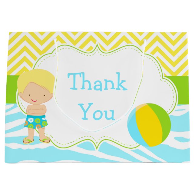 Blonde Hair Boy Pool Party Bash Party Thank You Large Gift Bag (Front)