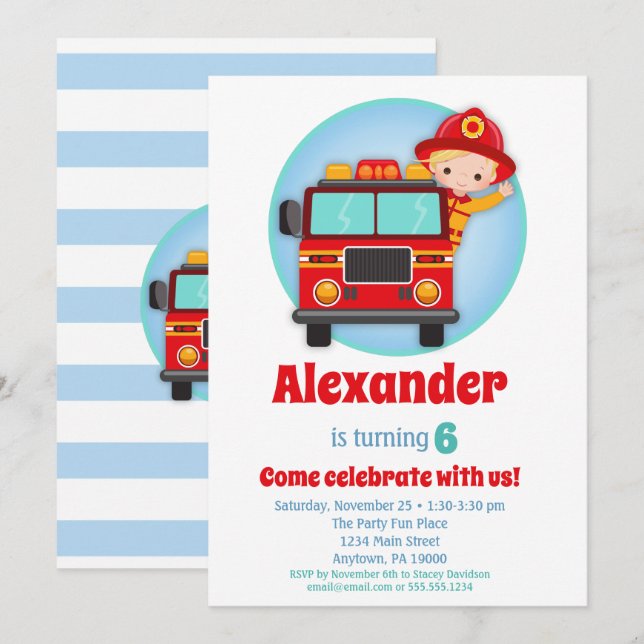 Blonde Hair Boys Firefighter Birthday Invitation (Front/Back)