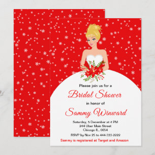 Blonde Hair Bride Snowflake Red Bridal Shower Invitation