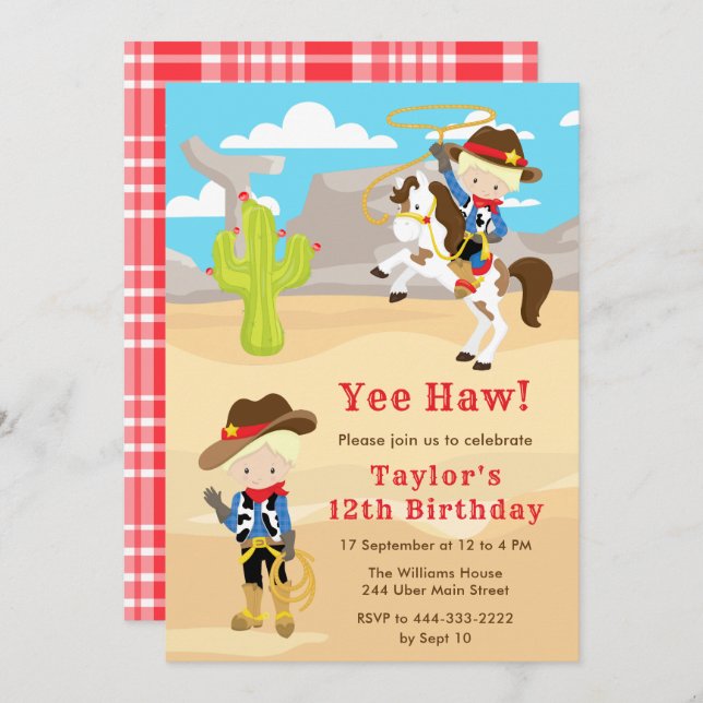 Blonde Hair Cowboy Birthday Party Invitation (Front/Back)
