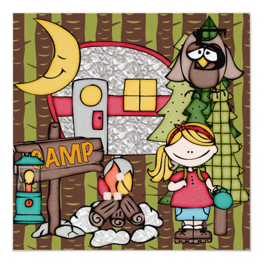 Blonde Hair Girl Camping Birthday Invitations