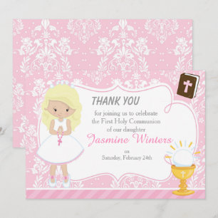 Blonde Hair Girl First Communion Thank You Card