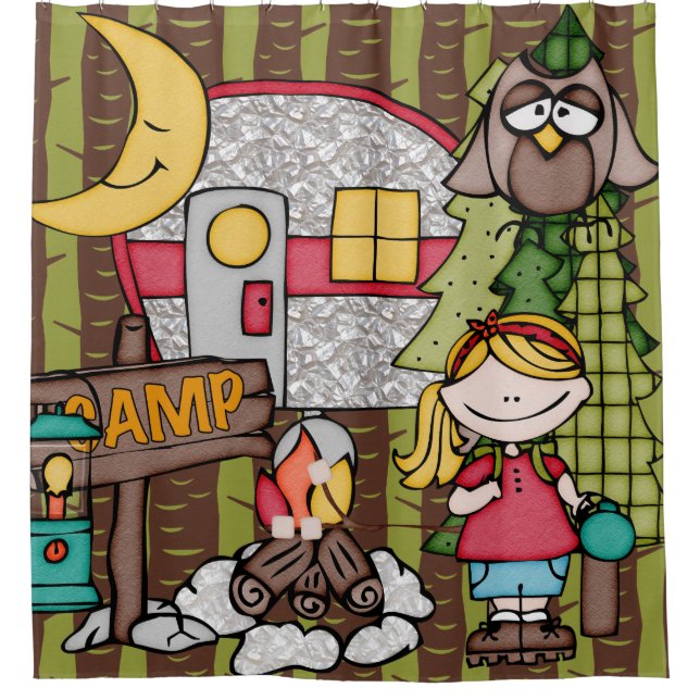 Blonde Hair Girl Outdoors Camping Vacation Shower Curtain (Front)