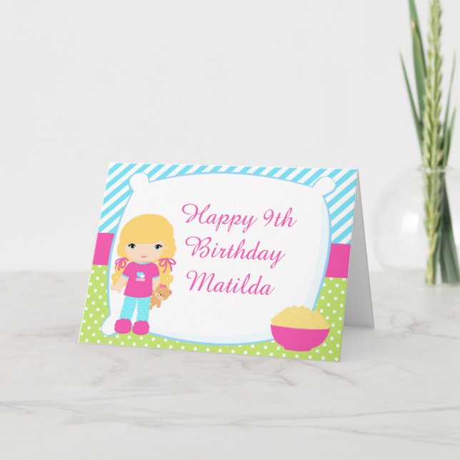 Blonde Hair Girl Sleepover Slumber Party Birthday Card (Front)