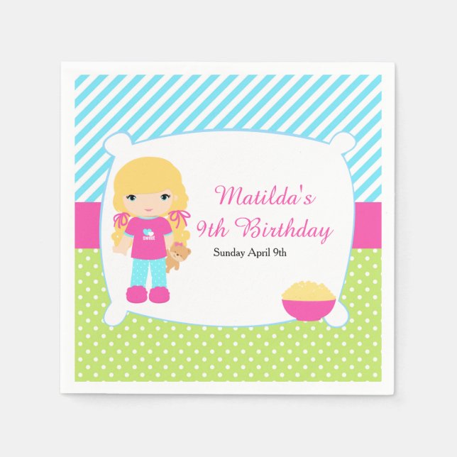 Blonde Hair Girl Sleepover Slumber Party Napkin (Front)