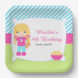 Blonde Hair Girl Sleepover Slumber Party Paper Plate
