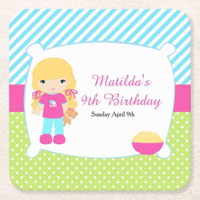 Blonde Hair Girl Sleepover Slumber Party Square Paper Coaster (Front)