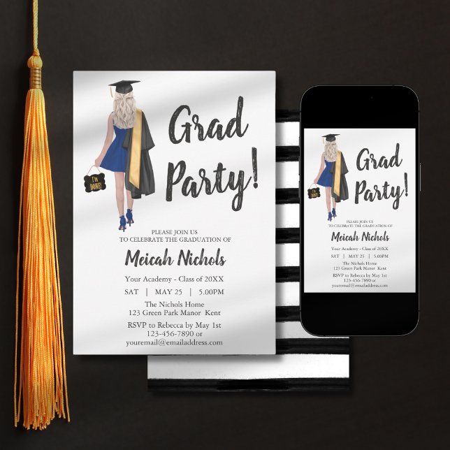 Blonde Hair Graduation College Uni Girl Trendy Invitation (Creator Uploaded)