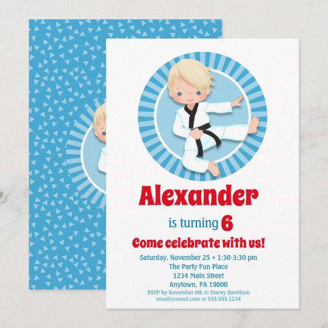 Blonde Hair Karate Judo Boys Birthday Invitation (Front/Back)