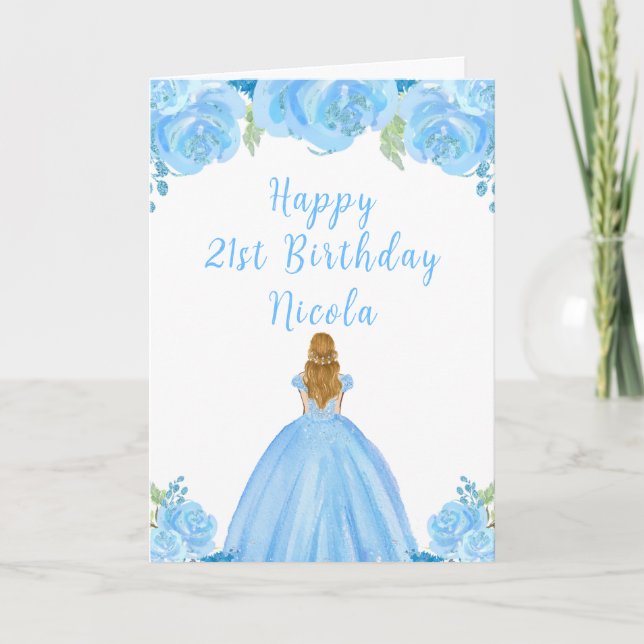 Blonde Hair Princess Blue Floral Birthday Party Card (Front)