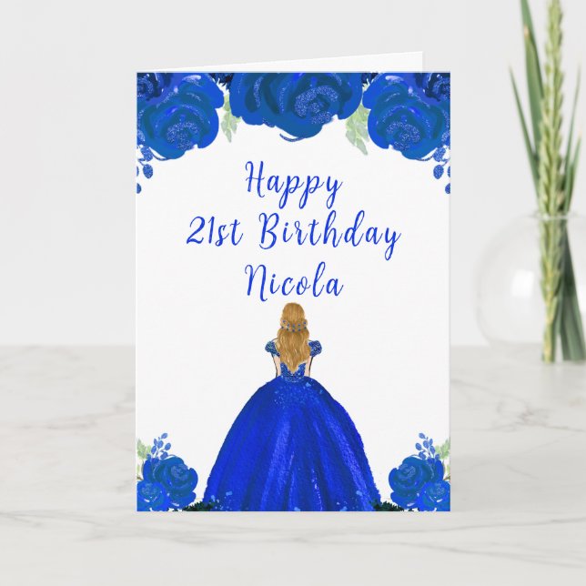 Blonde Hair Princess Blue Floral Birthday Party Card (Front)
