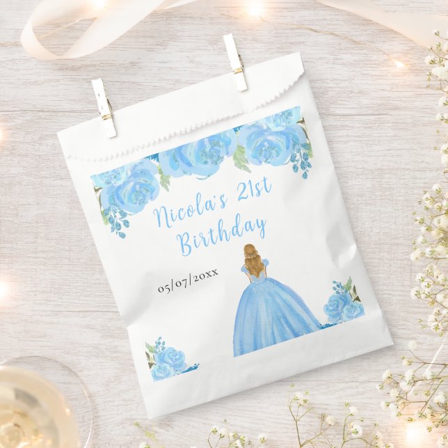 Blonde Hair Princess Blue Floral Birthday Party Favour Bags (Clipped)