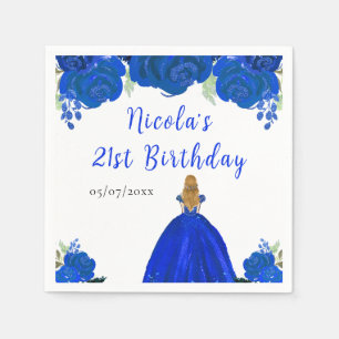 Blonde Hair Princess Blue Floral Birthday Party Napkin
