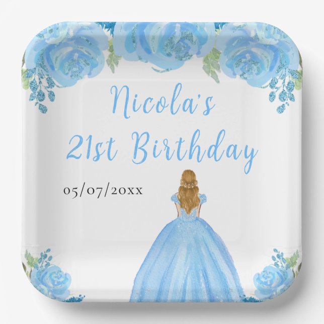 Blonde Hair Princess Blue Floral Birthday Party Paper Plate (Front)