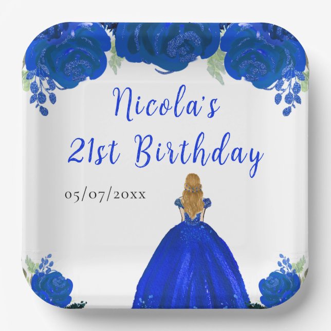 Blonde Hair Princess Blue Floral Birthday Party Paper Plate (Front)