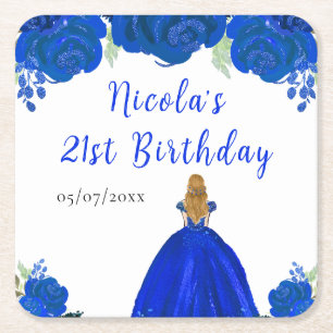 Blonde Hair Princess Blue Floral Birthday Party Square Paper Coaster
