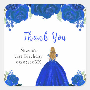 Blonde Hair Princess Blue Floral Birthday Party Square Sticker