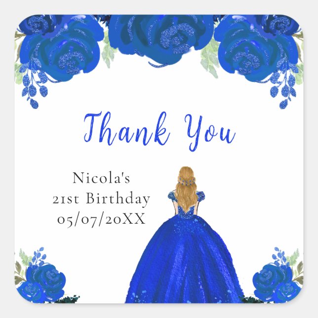 Blonde Hair Princess Blue Floral Birthday Party Square Sticker (Front)