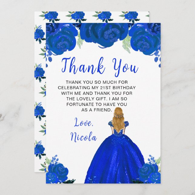 Blonde Hair Princess Blue Floral Birthday Party Thank You Card (Front/Back)