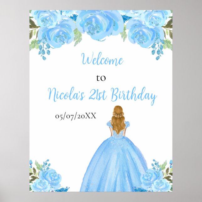 Blonde Hair Princess Blue Floral Birthday Welcome Poster (Front)
