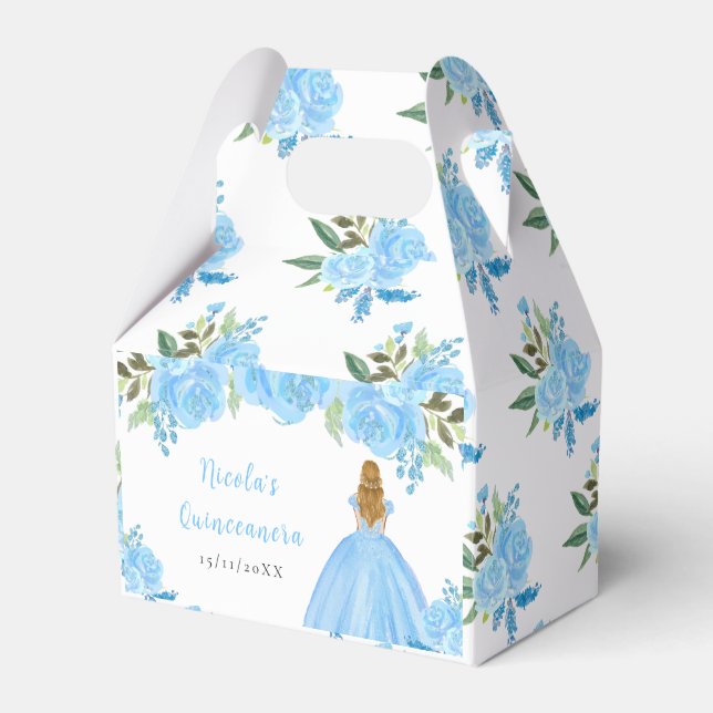Blonde Hair Princess Blue Floral Quinceanera Favour Box (Front Side)