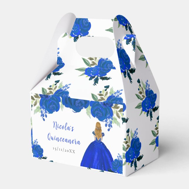 Blonde Hair Princess Blue Floral Quinceanera Favour Box (Front Side)