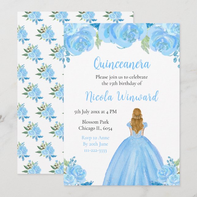 Blonde Hair Princess Blue Floral Quinceanera Invitation (Front/Back)