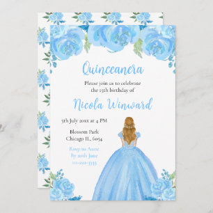 Blonde Hair Princess Blue Floral Quinceanera Invitation