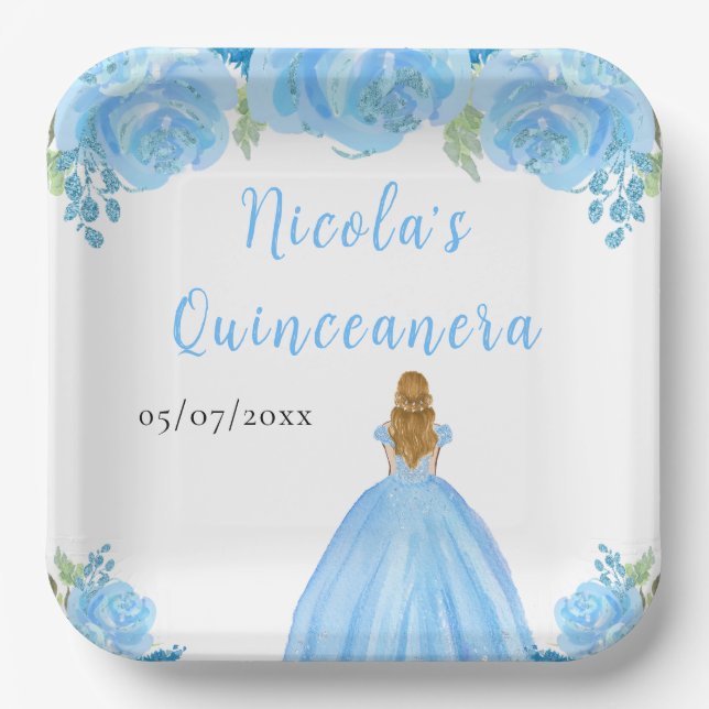 Blonde Hair Princess Blue Floral Quinceanera Paper Plate (Front)