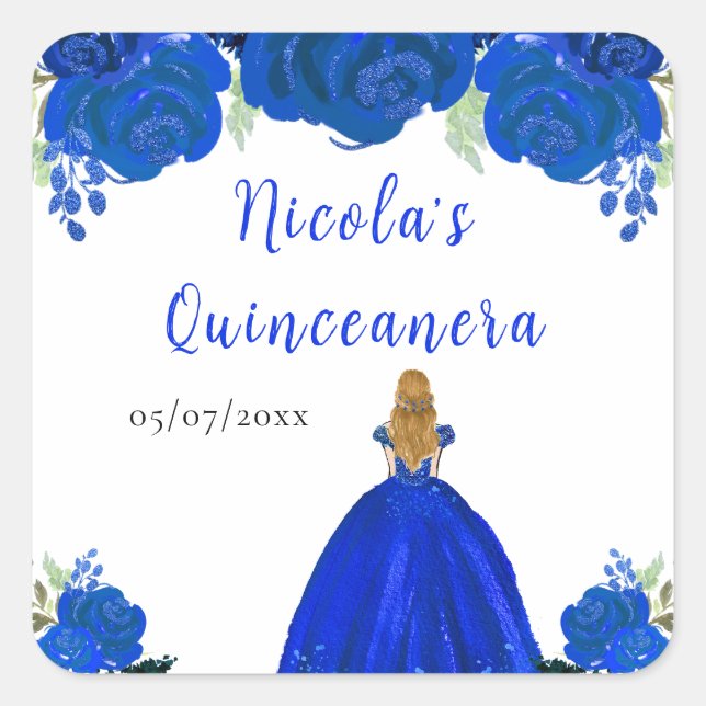 Blonde Hair Princess Blue Floral Quinceanera Square Sticker (Front)