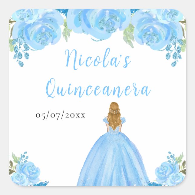 Blonde Hair Princess Blue Floral Quinceanera Square Sticker (Front)