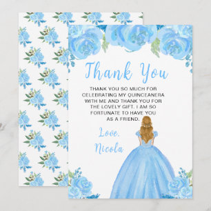 Blonde Hair Princess Blue Floral Quinceanera Thank You Card