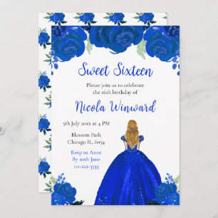Blonde Hair Princess Blue Floral Sweet Sixteen Invitation