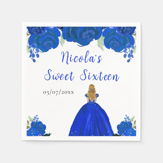 Blonde Hair Princess Blue Floral Sweet Sixteen  Napkin (Front)
