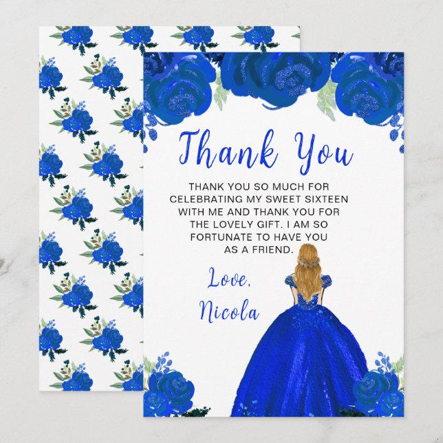 Blonde Hair Princess Blue Floral Sweet Sixteen  Thank You Card (Front/Back)