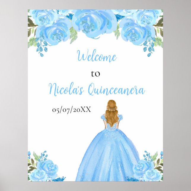 Blonde Hair Princess Blue Quinceanera Welcome Poster (Front)