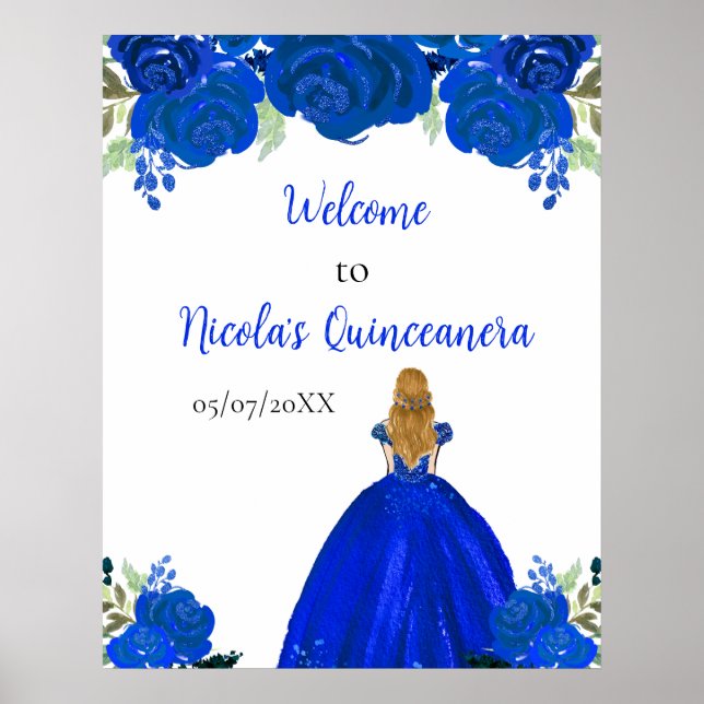 Blonde Hair Princess Blue Quinceanera Welcome Poster (Front)