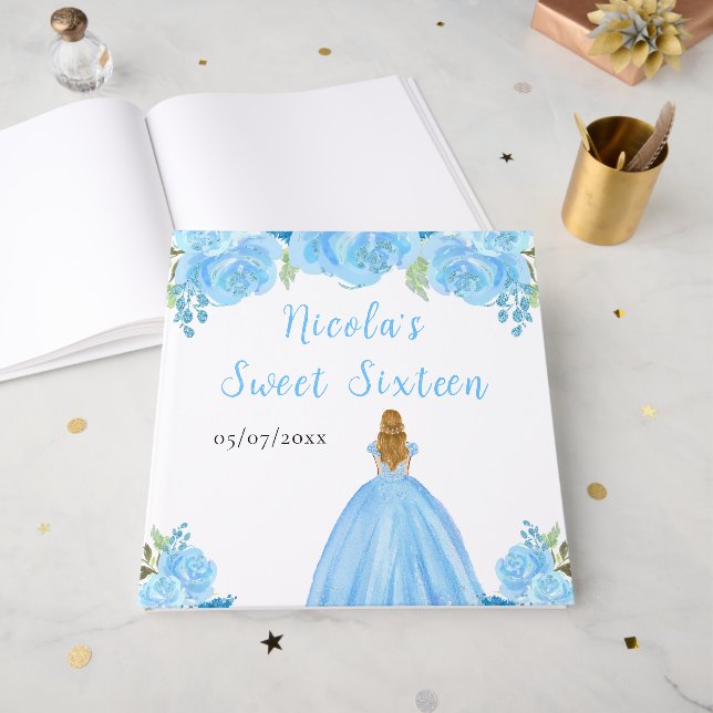 Blonde Hair Princess Blue Sweet Sixteen Guest Book (Front Open)