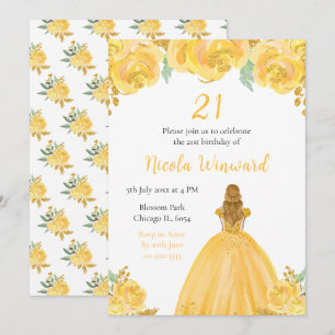 Blonde Hair Princess Gold Floral Birthday Party Invitation