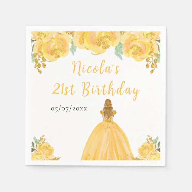 Blonde Hair Princess Gold Floral Birthday Party Napkin (Front)