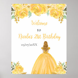 Blonde Hair Princess Gold Floral Birthday Welcome Poster