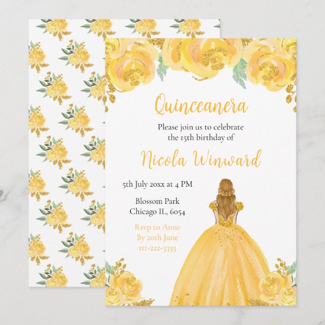 Blonde Hair Princess Gold Floral Quinceanera Invitation (Front/Back)