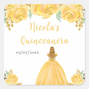 Blonde Hair Princess Gold Floral Quinceanera Square Sticker