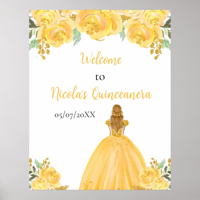 Blonde Hair Princess Gold Quinceanera Welcome Poster (Front)