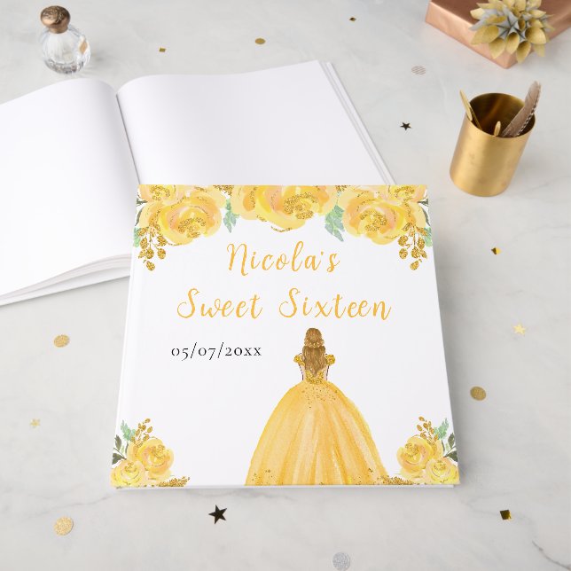 Blonde Hair Princess Gold Sweet 16 Guest Book (Front Open)